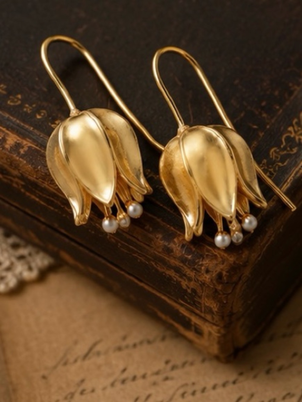 Vintage Golden Tulip Pearl Drop Earrings